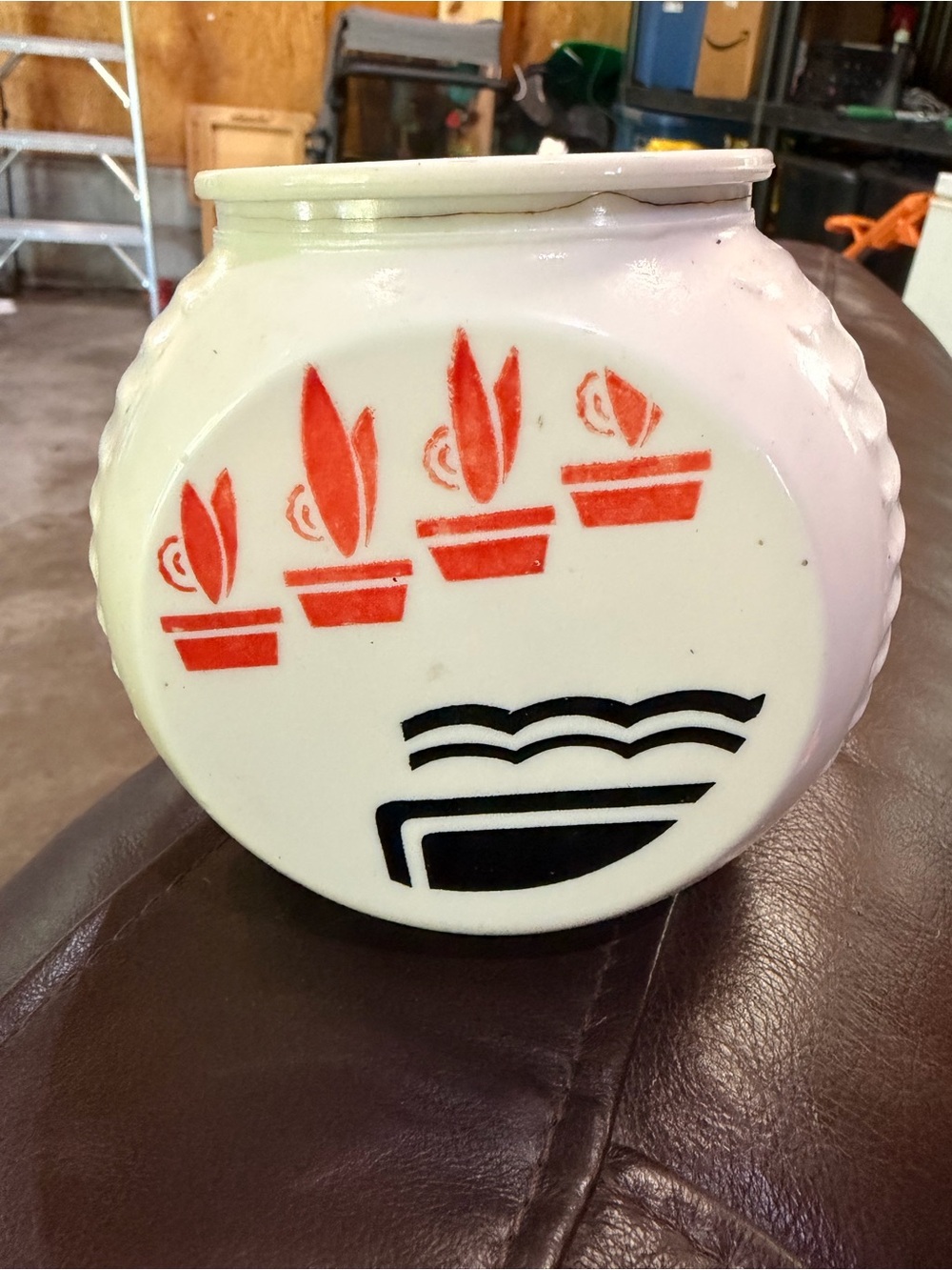 VINTAGE ANCHOR HOCKING 1940s White Ceramic Vase with Red Floral Motif